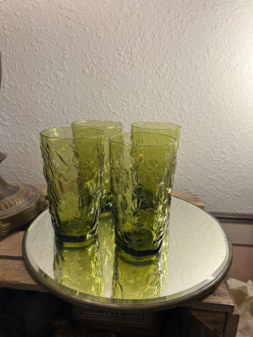 Set of 4 Olive Green Textured Glass Tumblers Avacado MCM glasses Mothers Day